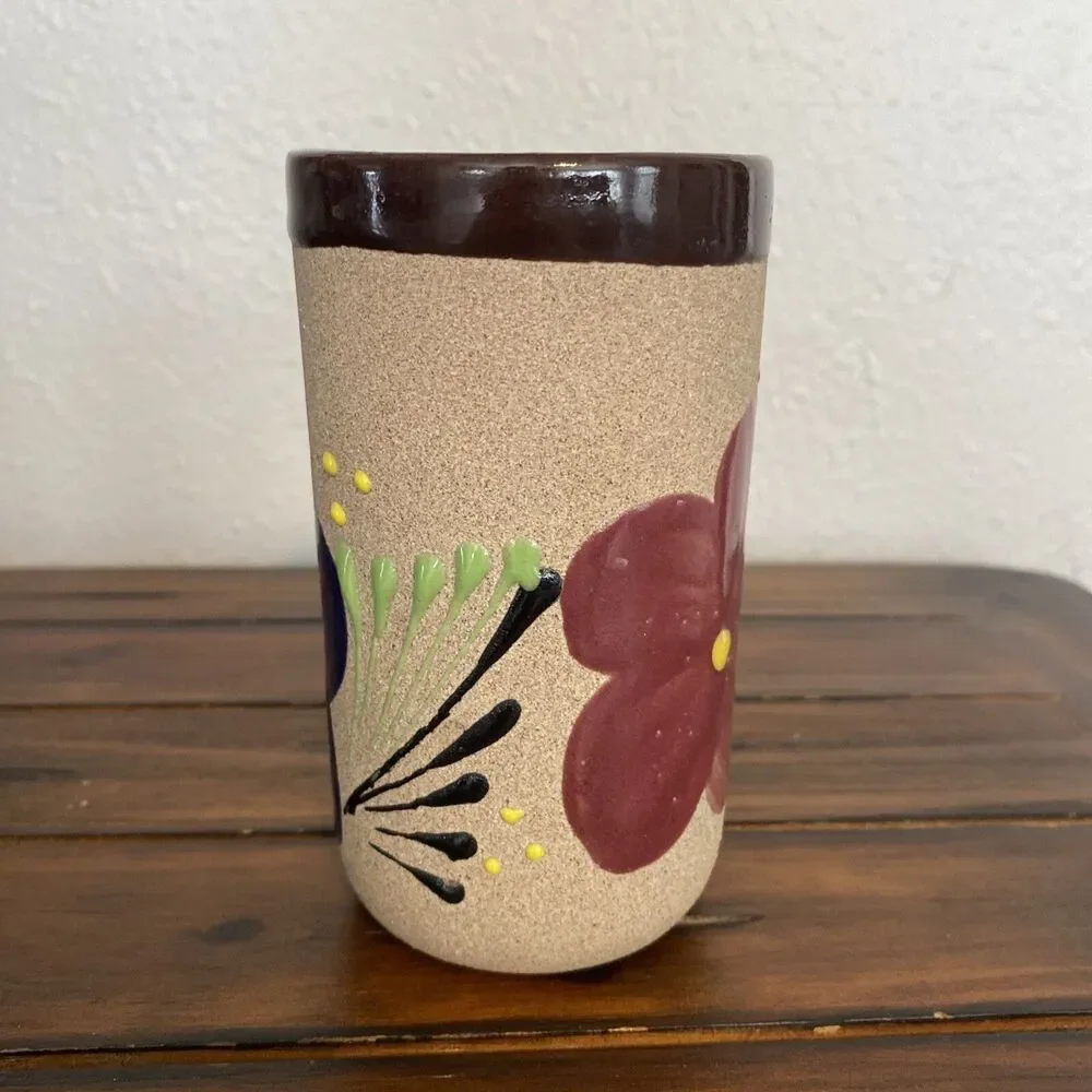 Vintage Mexican Art Pottery Stoneware Vase Hand Painted Floral Flowers 5”
